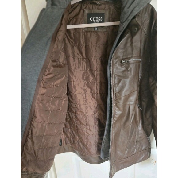 GUESS Mens Faux Leather Hooded Moto Jacket Brown XXL Zip Hood Wind Water Resist - Picture 9 of 16